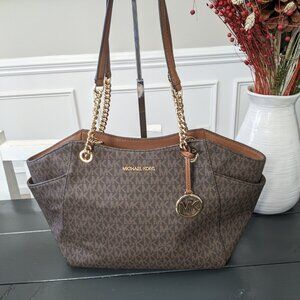 Michael Kors Jet Set Signature Logo Brown Leather Shoulder Bag Purse
